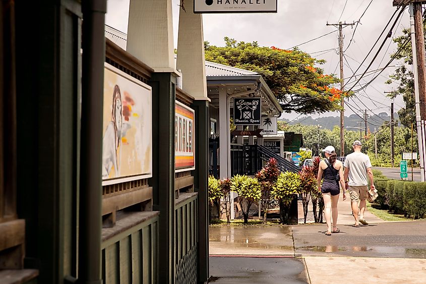 Tourists walking along the main street in downtown Hanalei, Kauai, Hawaii