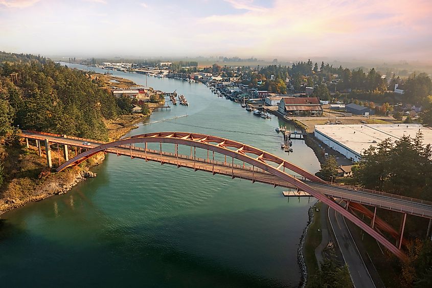 Aerial view of the Rainbow Bridge across the Swinomish Channel in La Conner, Washington.