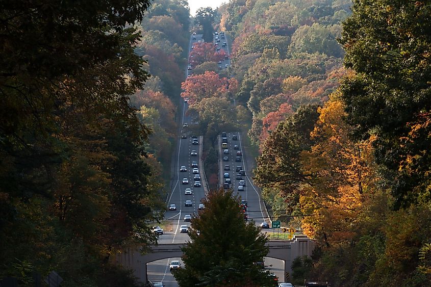 New Canaan, CT, USA - October 22, 2022: Daytime traffic on the interstate highway in New Canaan Connecticut