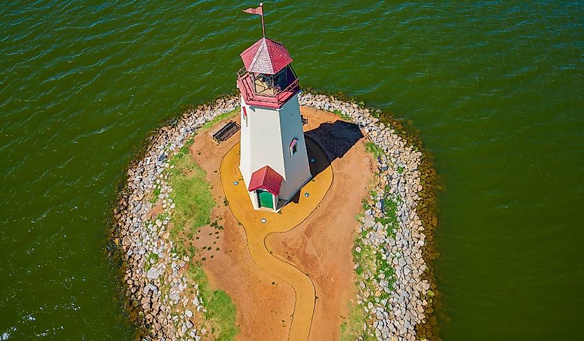 Aerial view of Lake Hefner lighthouse in Oklahoma.