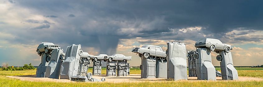 Carhenge panorama - famous car sculpture created by Jim Reinders, a modern replica of England's Stonehenge using old cars.