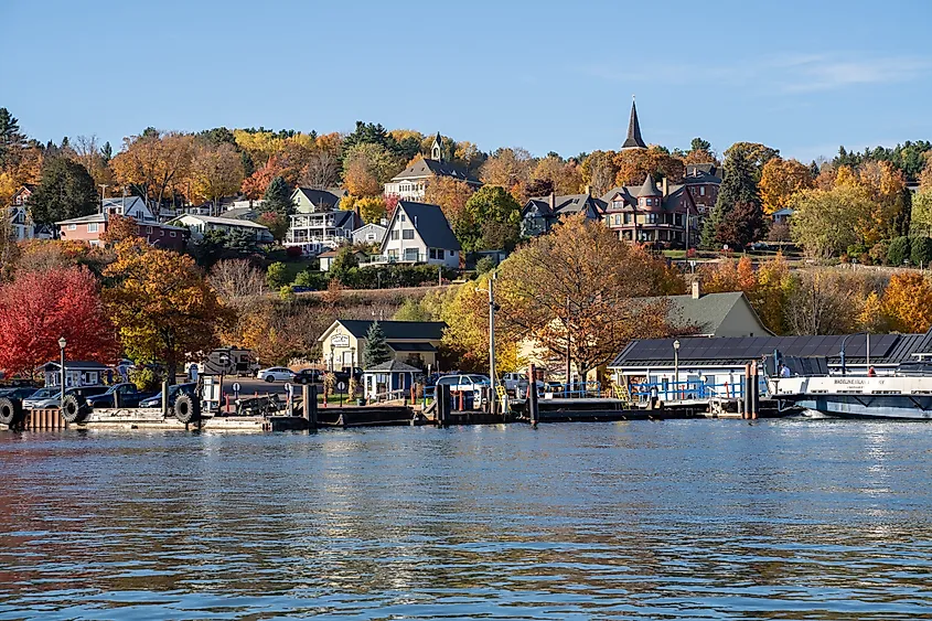 View of buildings in Bayfield, Wisconsin from Lake Superior.