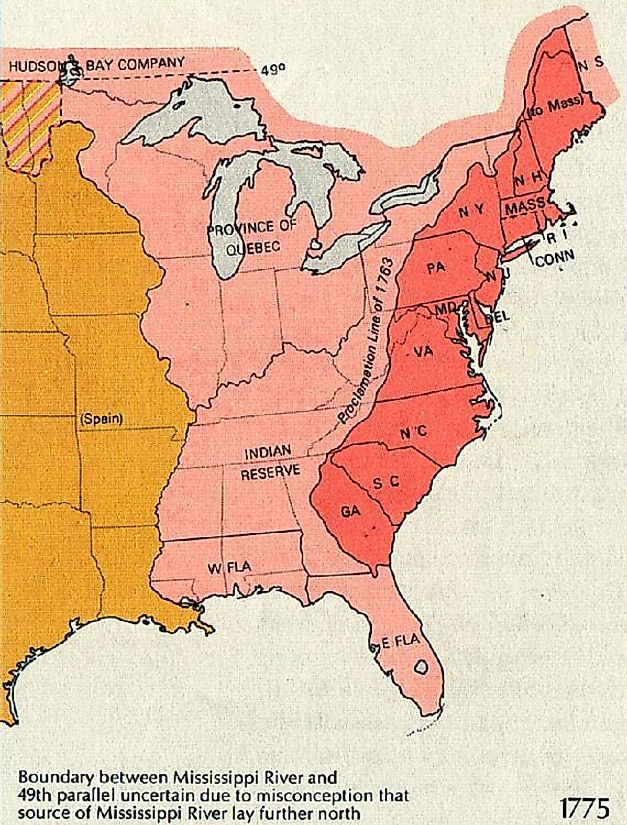 A 1775 map of the 13 British colonies that expanded westward to form the USA. Source: Wikimedia/Public Domain