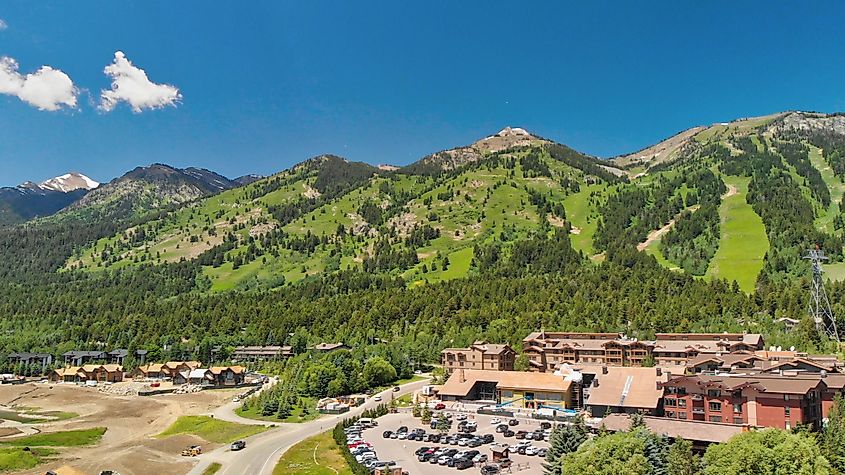 Aerial view of Teton Village near Jackson Hole in summertime, WY, USA.