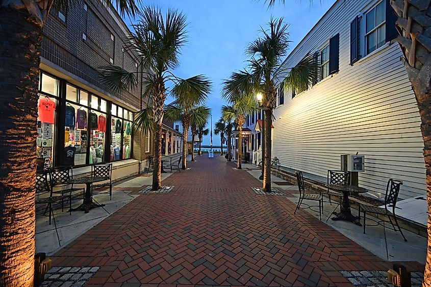 Downtown historic district of Beaufort, South Carolina at dusk.