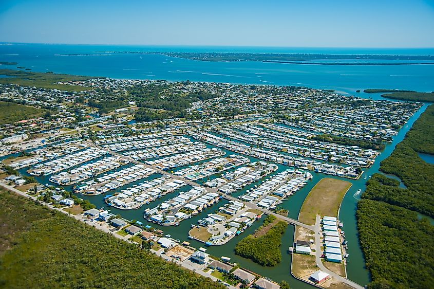 Aerial view of Pine Island, Florida, showcasing its coastal landscape and surrounding waters.