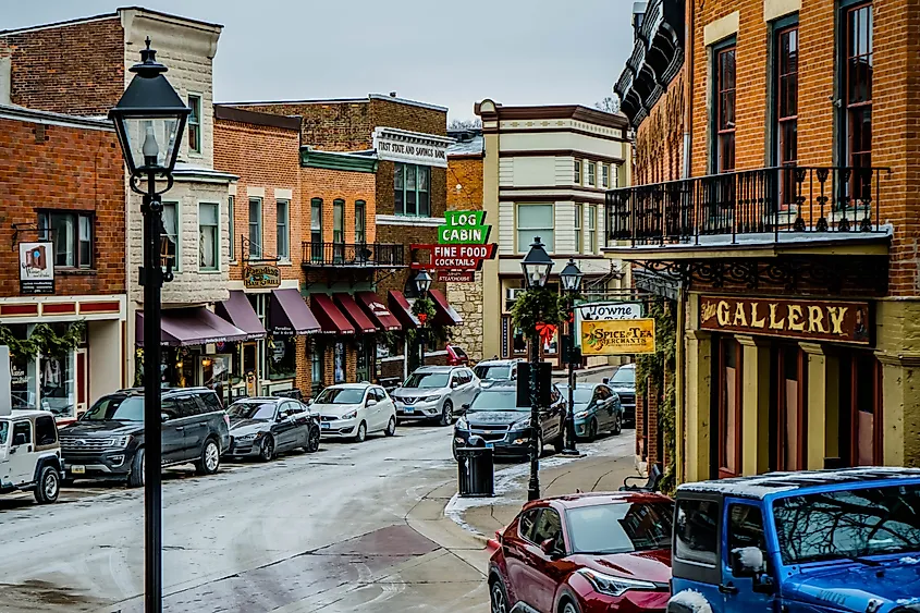 Downtown Galena, Illinois, with Christmas decorations.