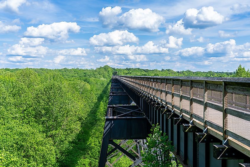 High Bridge Trail in Farmville, Virginia, stretching over a forested valley under a partly cloudy sky.