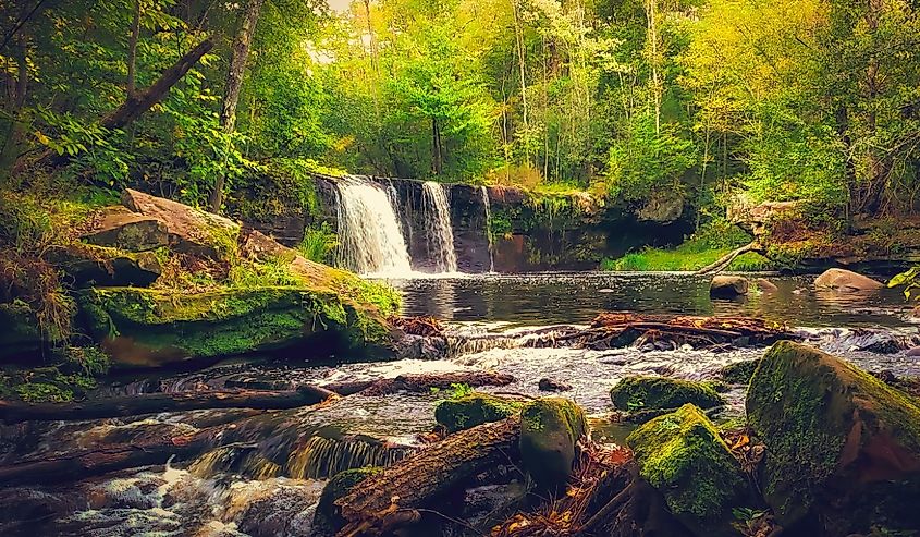 The picturesque Wolf Creek waterfall cascades through Banning State Park in Northern Minnesota