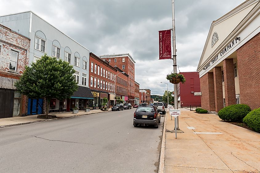 Buildings lined along downtown Elkins in West Virginia.