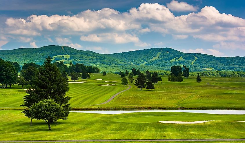 View of a golf course and distant mountains at Canaan Valley State Park, West Virginia.