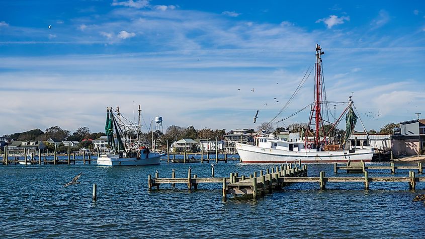 Swansboro, North Carolina: Fishing boats with nets at the dock.