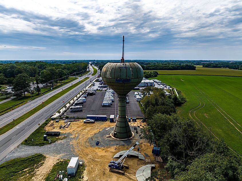 Aerial view of the water tower in Smyrna, Delaware.