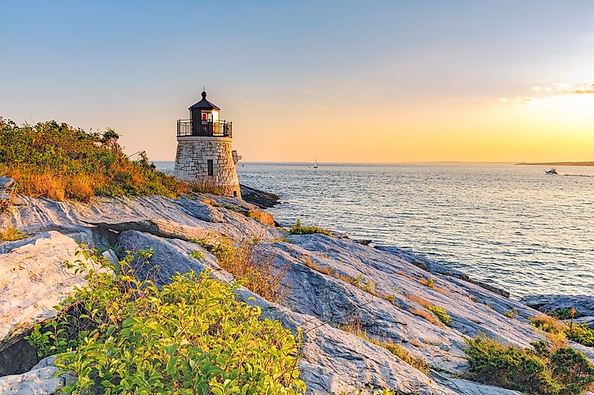 Castle Hill Lighthouse at twilight during the golden hour, Newport, Rhode Island, USA. 