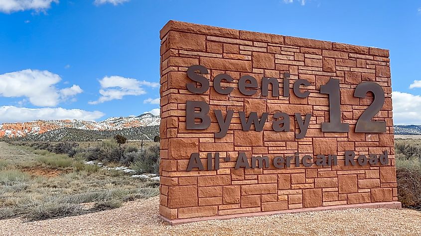 Impressive red sandstone sign for Scenic Route Byway 12 in Utah, considered one of the most beautiful roads in the United States.