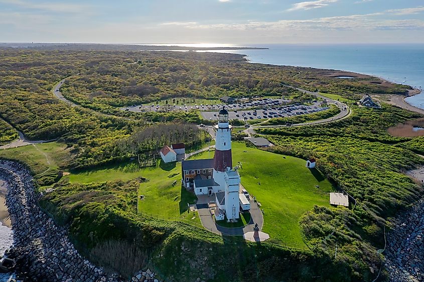 Aerial view of the Montauk Lighthouse and surrounding beach on Long Island, New York.