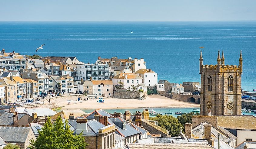 Elevated views over rooftops of St. Ives in Cornwall, England, United Kingdom, Europe