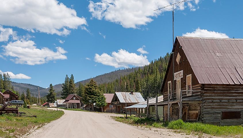 View of Main Street through Warren, an Idaho ghost town.