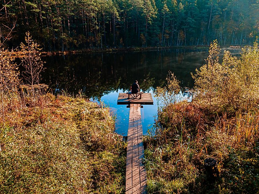 Man standing on a wooden boardwalk by a lake at sunrise