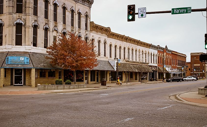 View of rustic buildings in Wellington, Kansas.