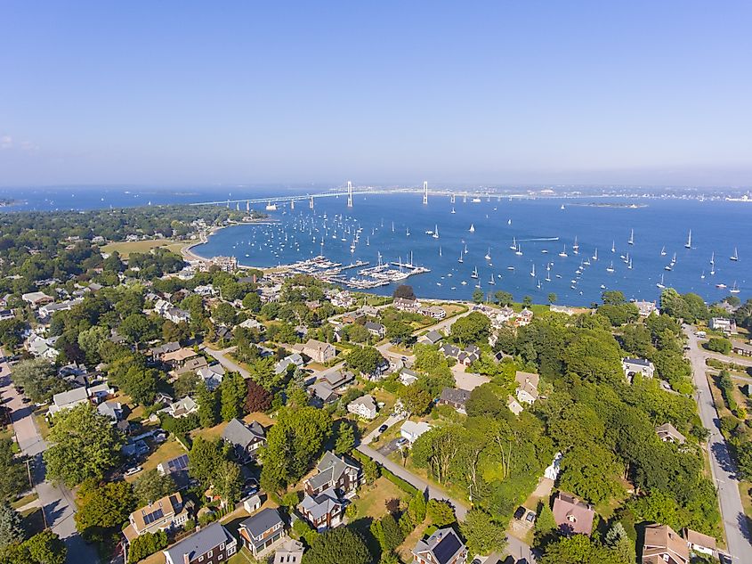 Aerial view of Claiborne Pell Newport Bridge on Narragansett Bay and the town of Jamestown on Conanicut Island, Rhode Island in summer