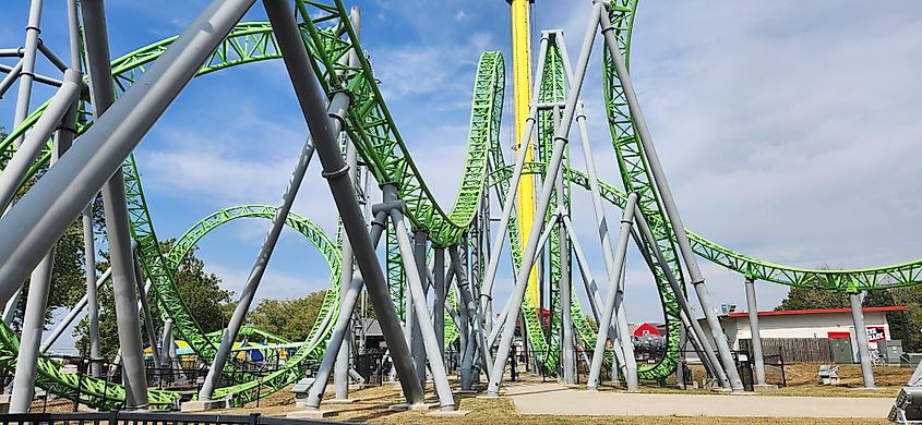 View of the Monster rollercoaster at Adventureland Park in Iowa.