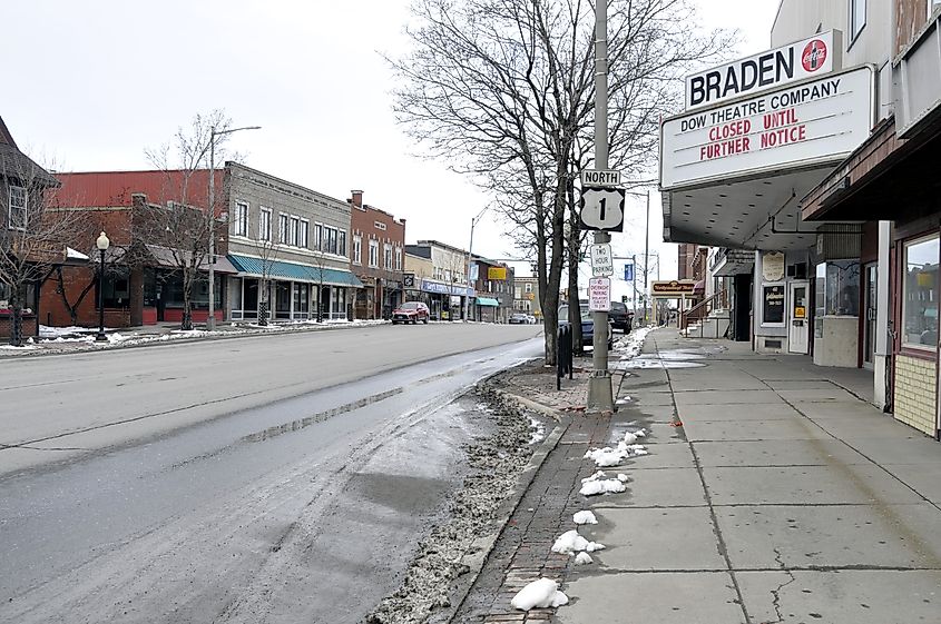 In the midst of a statewide shutdown of non-essential businesses, Main Street, Presque Isle is empty during the traditional weekday 5pm rush hour.