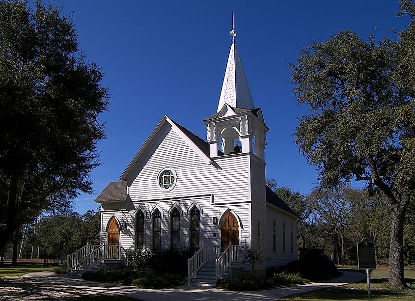 The Salado United Methodist Church in Salado, Texas, featuring traditional architecture in a serene small-town setting.