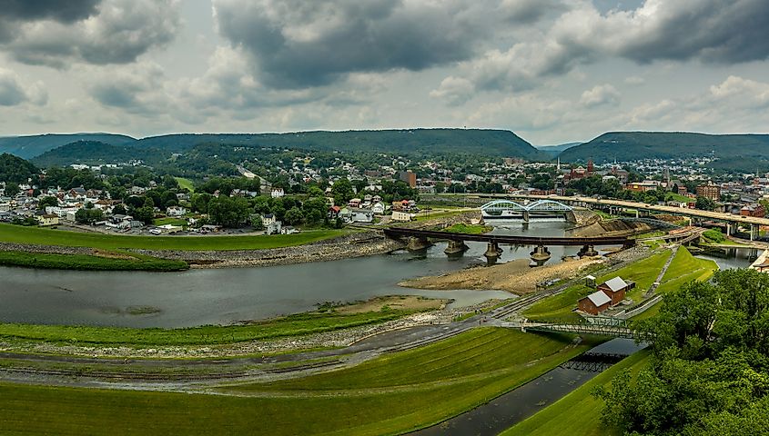 Cumberland, Maryland, with bridges over the Western Potomac River.