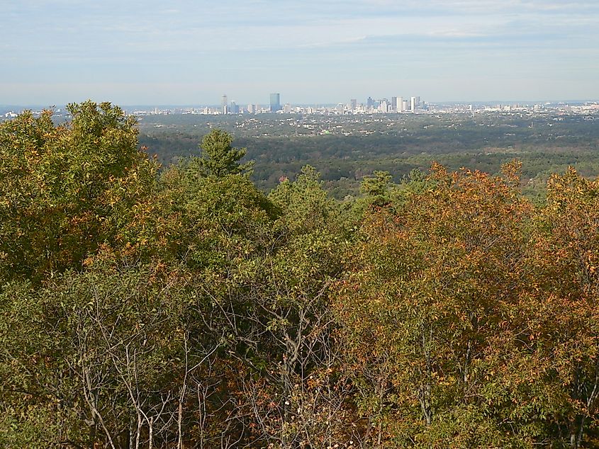 View of Boston skyline from Blue Hills Reservation, Massachusetts.