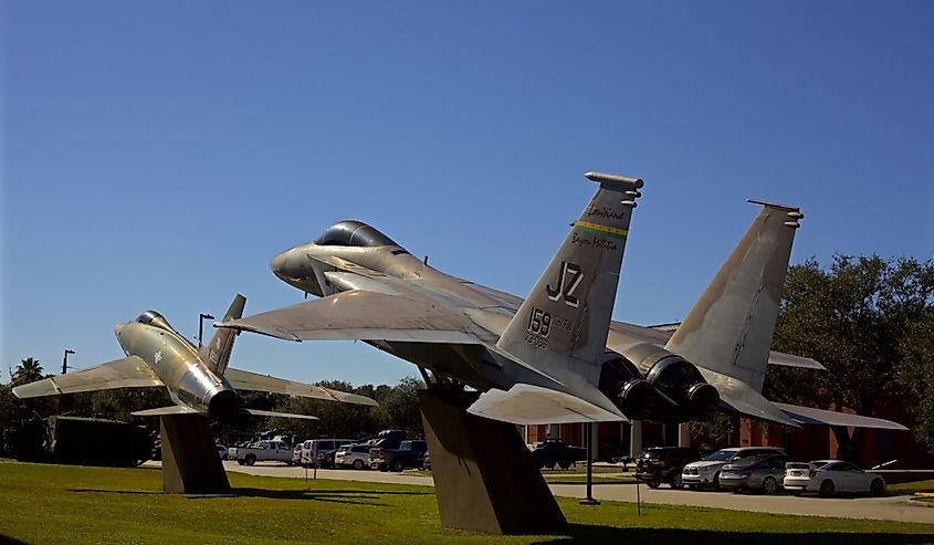 Two vintage jet fighters displayed at Louisiana National Guard Jackson Barracks