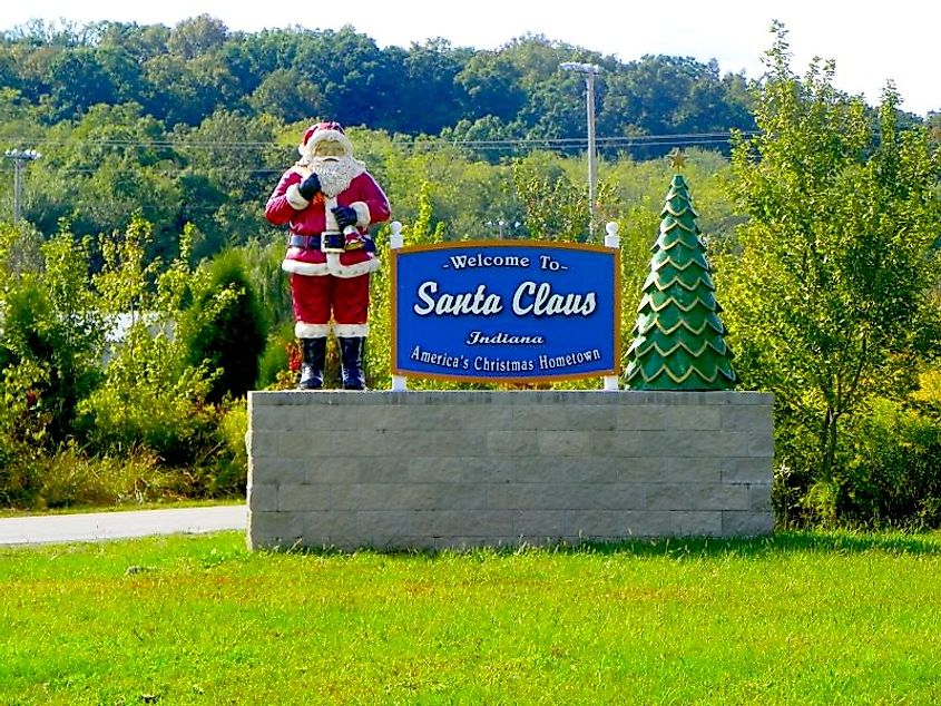 Sign welcoming visitors to Santa Claus, Indiana.