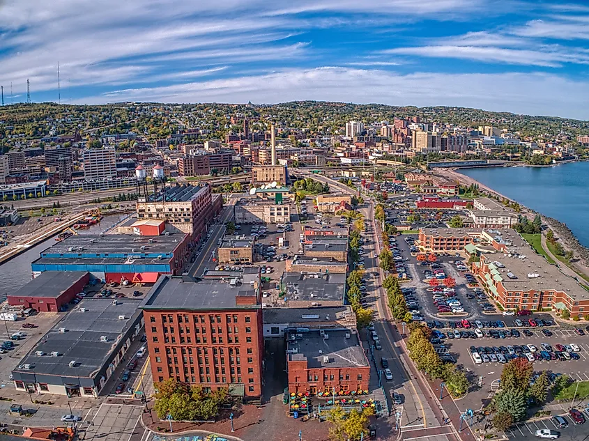 Aerial view of the popular Canal Park area of Duluth, Minnesota.