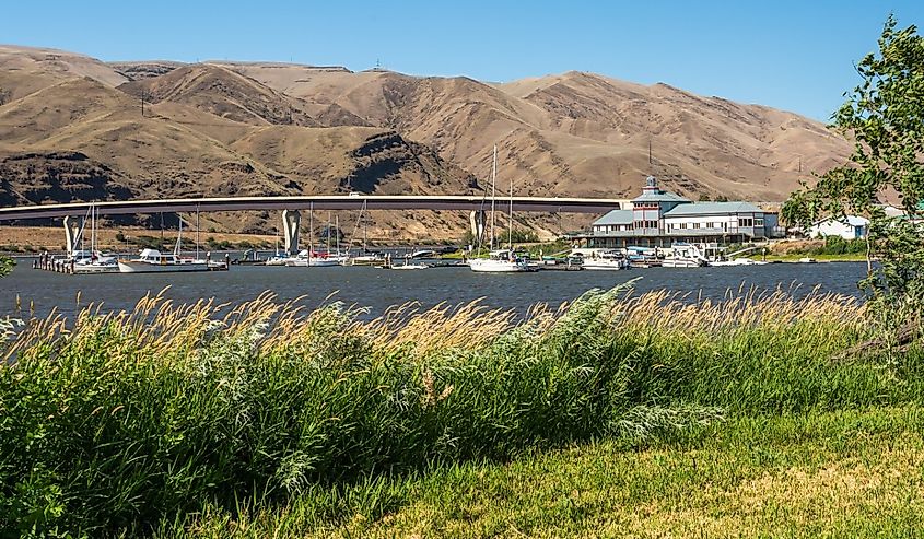 Bridge and the campground on the riverbank. Location is Snake River in Clarkston, Washington