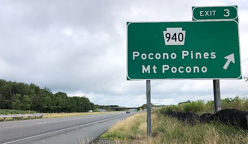 Sign for Mount Pocono exit from the freeway.