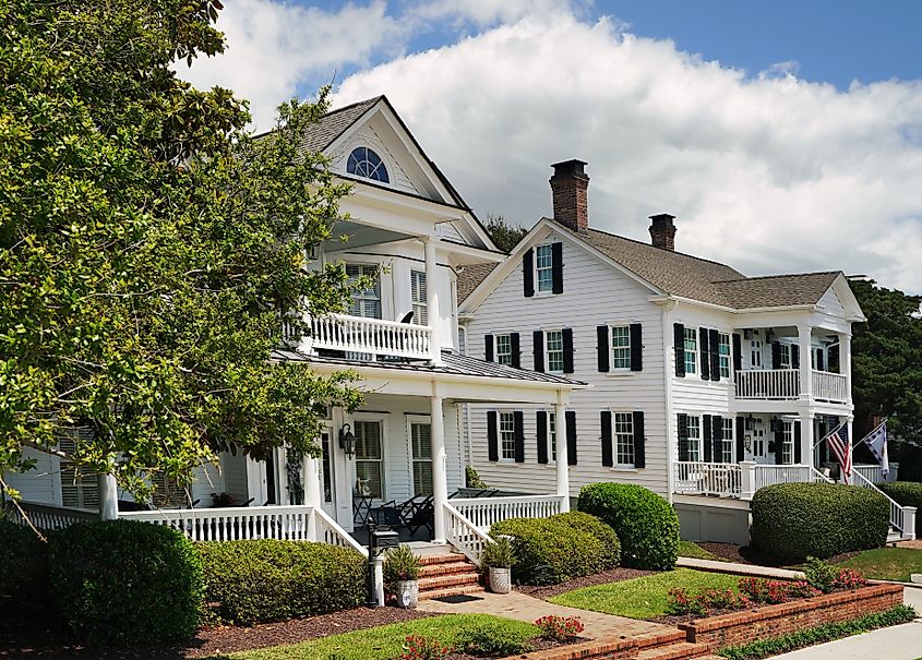 Historic homes along Front St in downtown Beaufort, North Carolina.