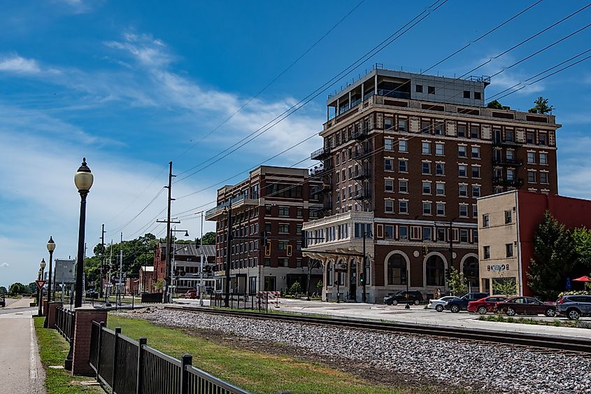 View of the former Hotel Muscatine and the newly built Merrill Hotel and Conference Center from Harbor Drive in Riverside Park, Muscatine, Iowa