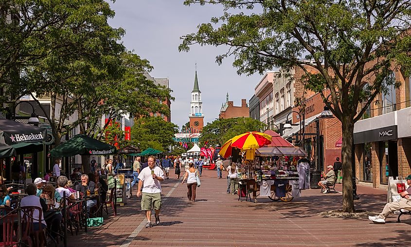 A bustling Church Street in Burlington, Vermont