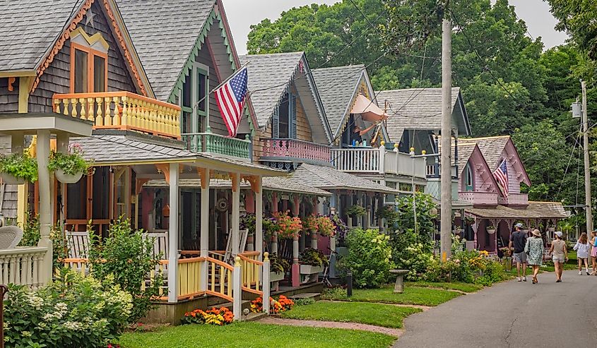 Brightly painted Gingerbread cottages in the historic Oak Bluffs, Martha's Vineyard, Massachusetts.