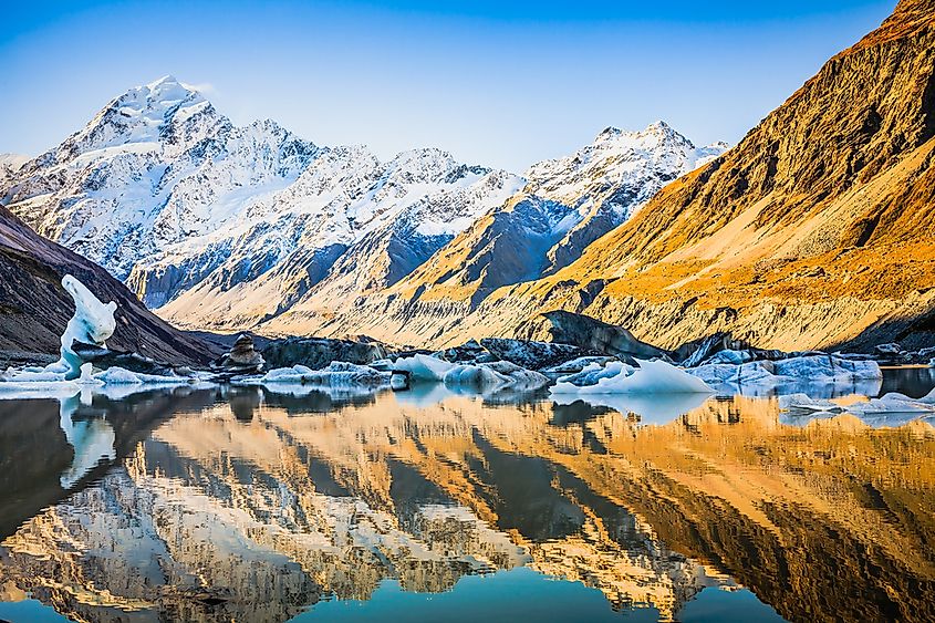 Aoraki / Mount Cook in the Southern Alps, the highest emergent point of Zealandia.