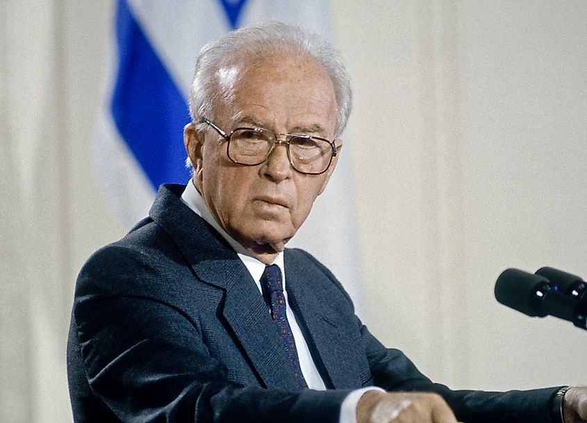 Israeli Prime Minister Yitzhak Rabin answers reporters' questions during a formal joint news conference with President Bill Clinton in the East Room of the White House.