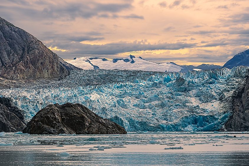 Beautiful sunset at Sawyer Glacier in Tracy Arm fjord near Juneau Alaska