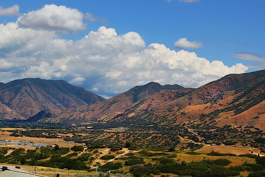 A creative editorial landscape of the mountains that surround the Spanish Oaks Reservoir grounds in Spanish Fork, Utah.