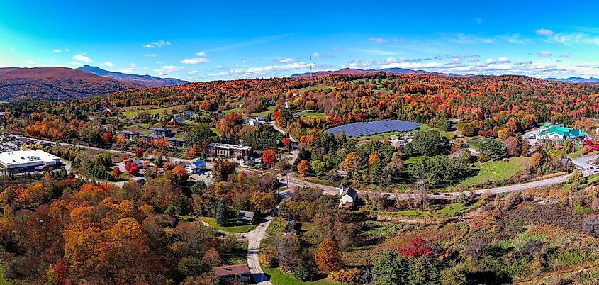 Aerial view of Waterbury in Vermont during autumn.