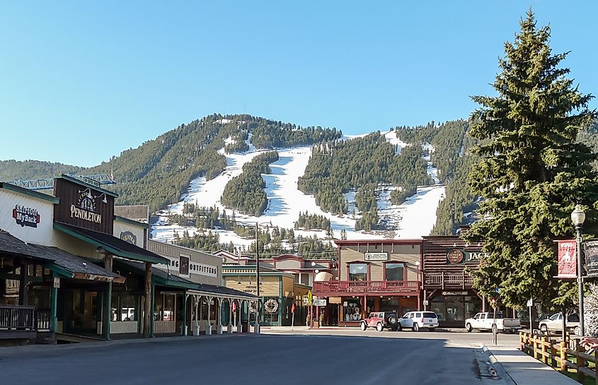 Ski slopes in Jackson with panorama of vintage houses. Editorial credit: WitGorski / Shutterstock.com