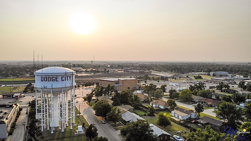 Water tower in downtown Dodge City, Kansas. Editorial credit: Eduardo Medrano / Shutterstock.com