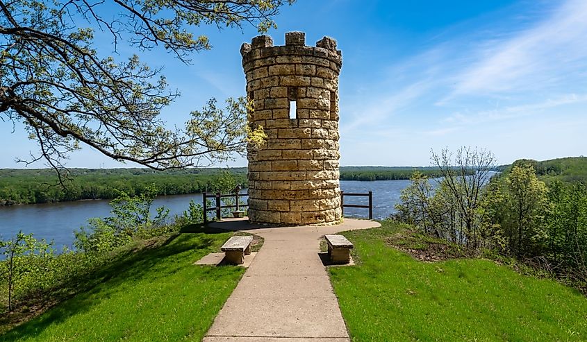 The Julien Dubuque Monument atop a limestone bluff over the Mississippi River at the Mines of Spain in Dubuque, Iowa