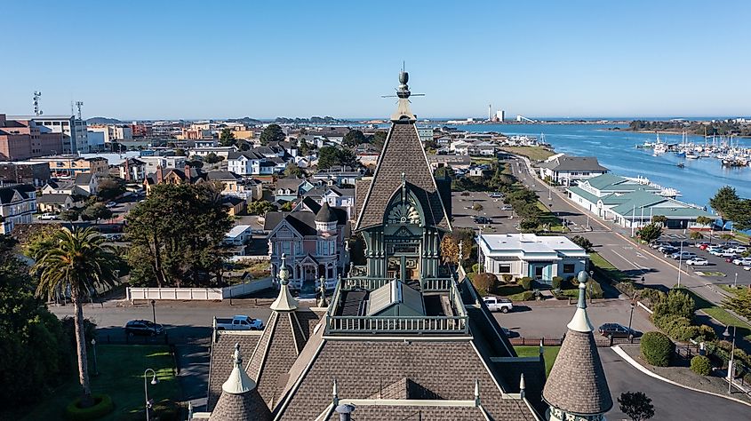 Morning light shining on the historic downtown of Eureka, California, highlighting the town's Victorian architecture and quaint streets.