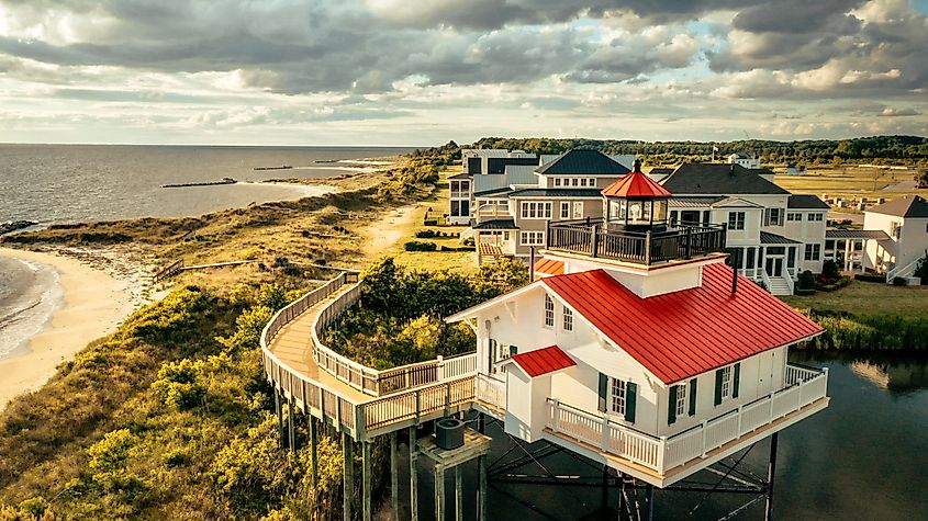 Aerial view of seaside homes in Cape Charles, Virginia