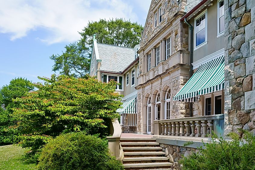 Blithewold Mansion, Garden, and Arboretum in Bristol, Rhode Island, showcasing its beautifully landscaped gardens and historic architecture.